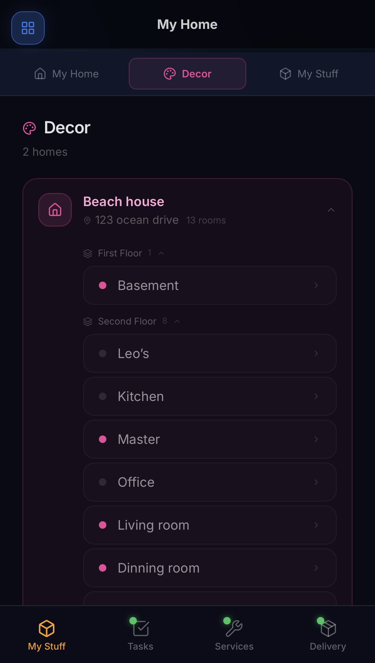 Decor room list with floors and rooms