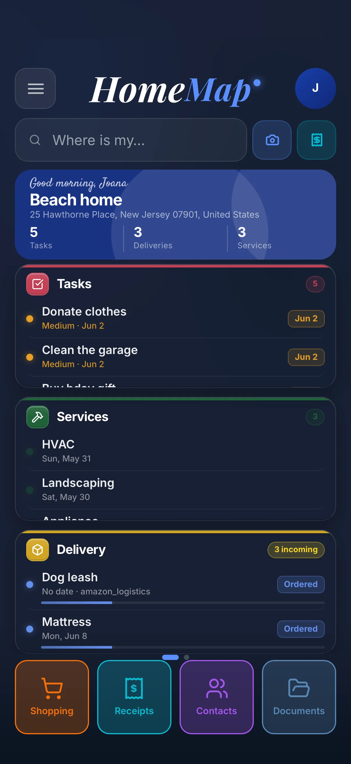 Home management app dashboard showing rooms, tasks and receipts organized in one place