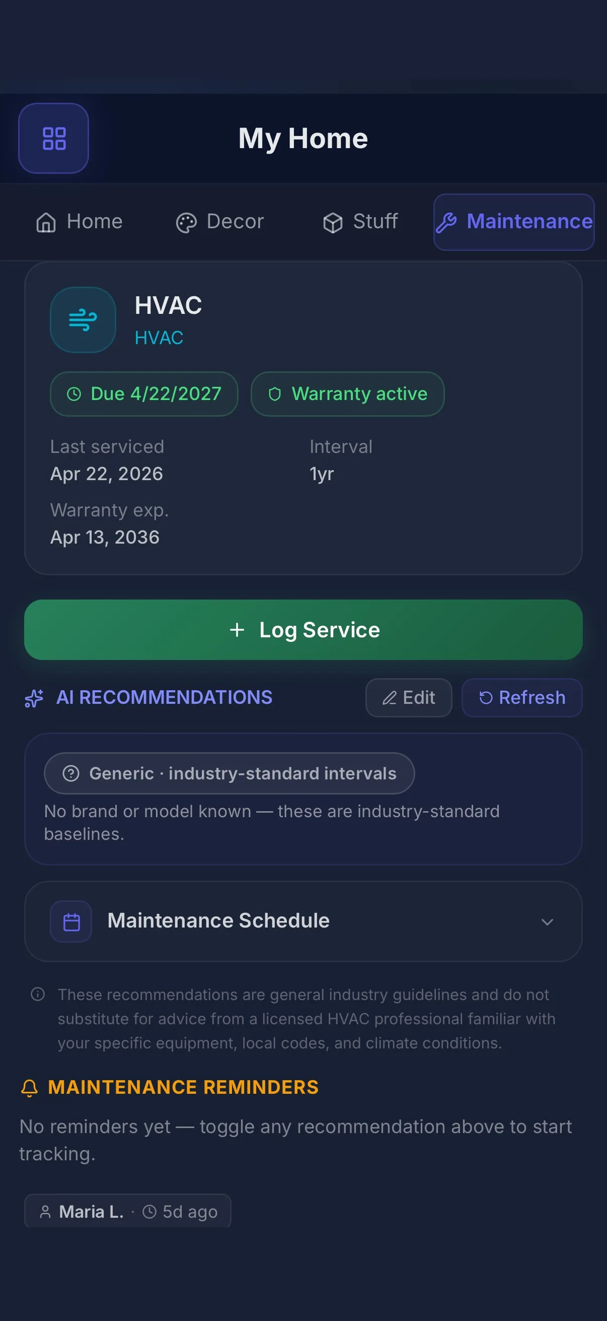 Appliance record in HomeMap with maintenance schedule and service history after rebuilding from Centriq