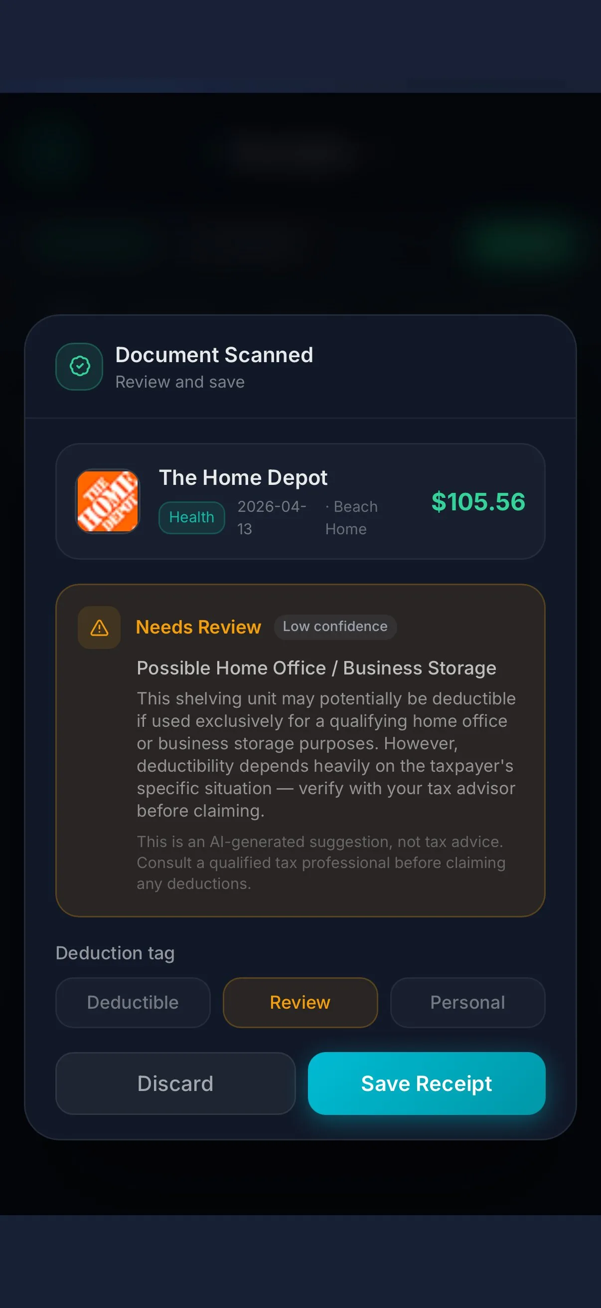 HomeMap Receipts showing AI-scanned Home Depot receipt with tax deduction analysis