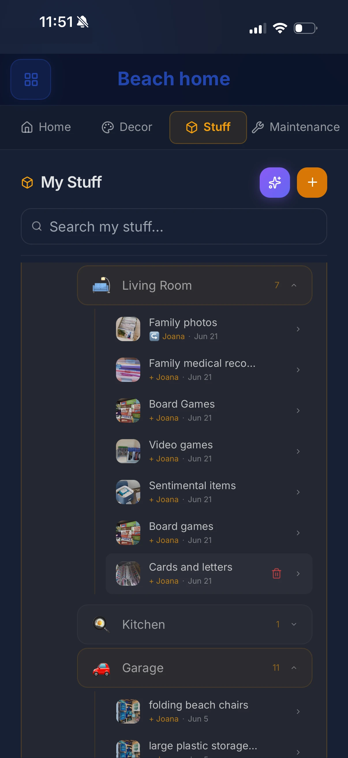 HomeMap Stuff view showing items organized by room