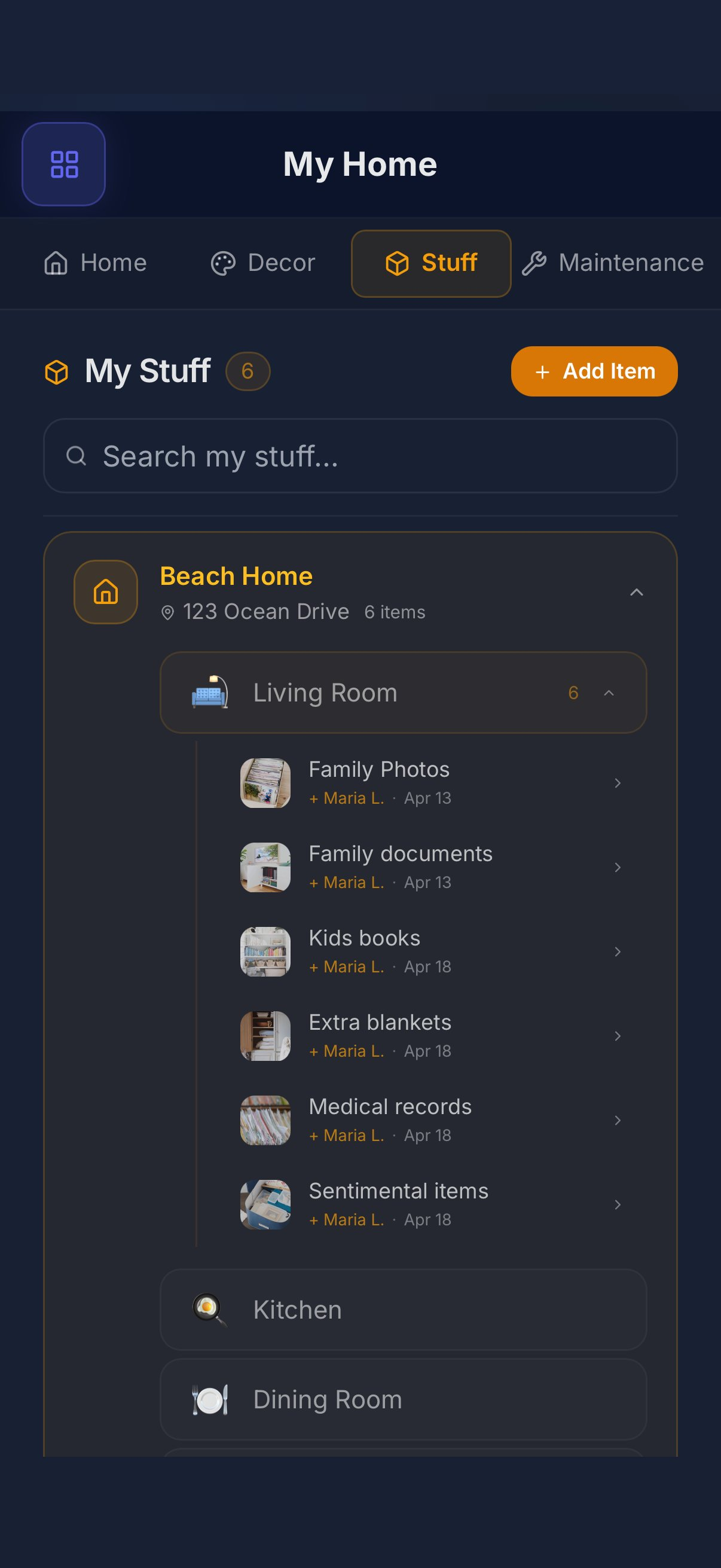 HomeMap Stuff view showing items organized by room