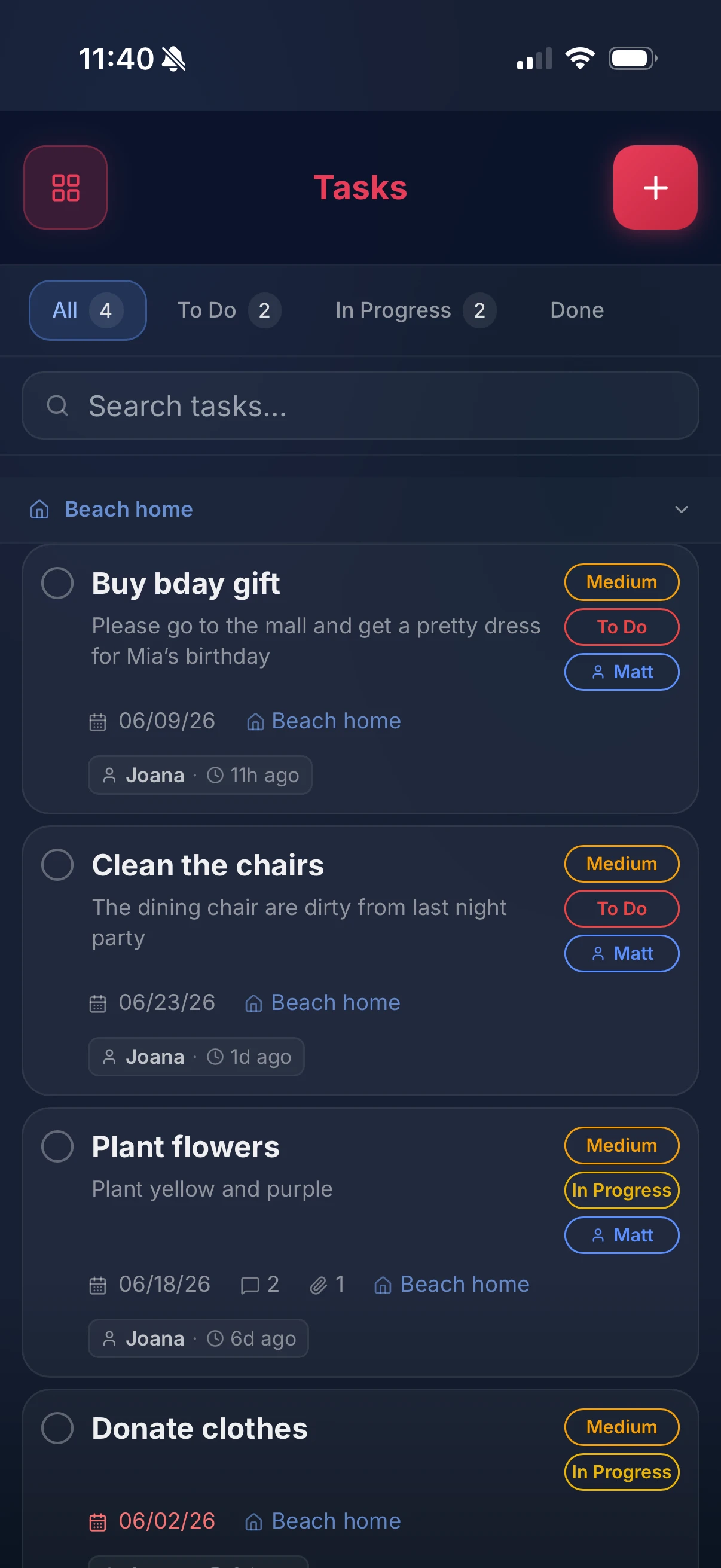 HomeMap Tasks view with dry cleaning, dog grooming and garage cleaning